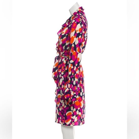 Diane Von Furstenburg DVF Manala pink print silk button up ruffle dress 4 - Picture 2 of 8